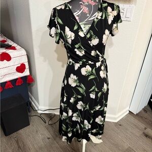 Floral Wrap Dress - Black and White